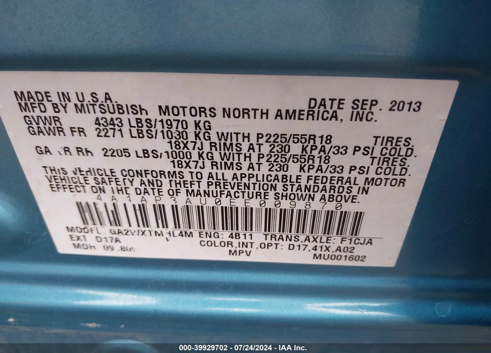 2014 MITSUBISHI OUTLANDER SPORT ES VIN: 4A4AP3AU0EE009870