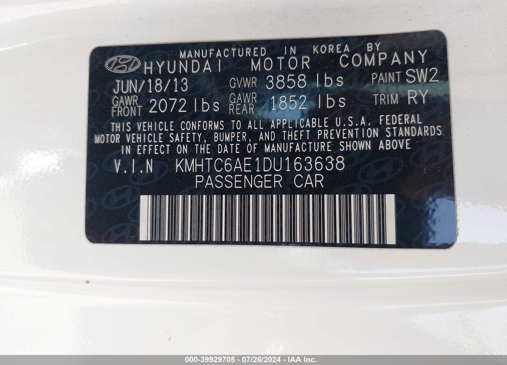2013 HYUNDAI VELOSTER VIN: KMHTC6AE1DU163638