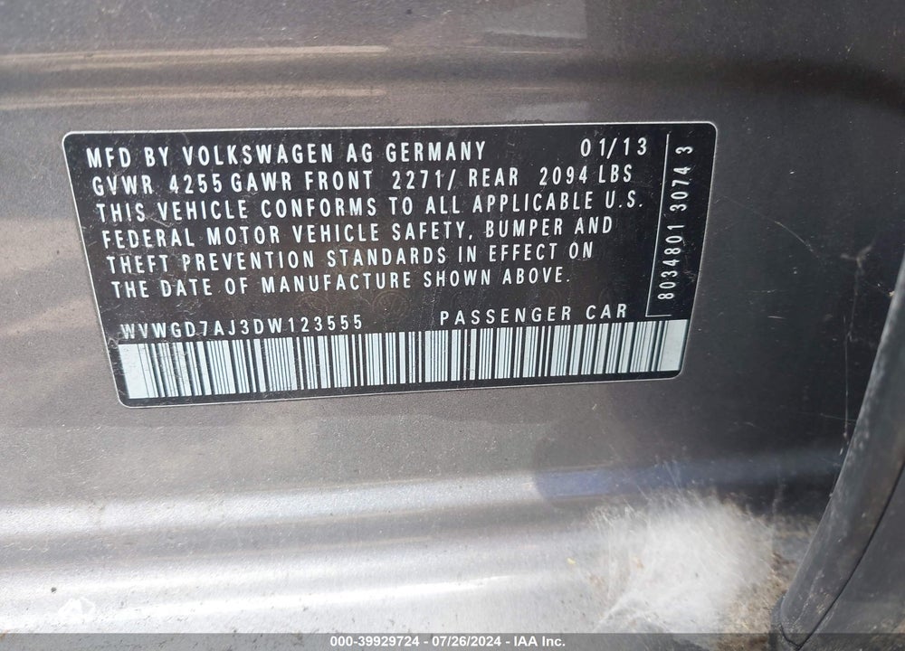 2013 VOLKSWAGEN GTI 4-DOOR VIN: WVWGD7AJ3DW123555