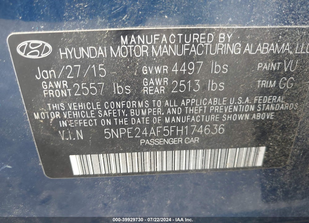 2015 HYUNDAI SONATA SE VIN: 5NPE24AF5FH174636