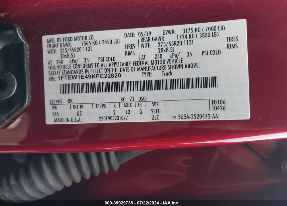 2019 FORD F-150 XLT VIN: 1FTEW1E49KFC22820