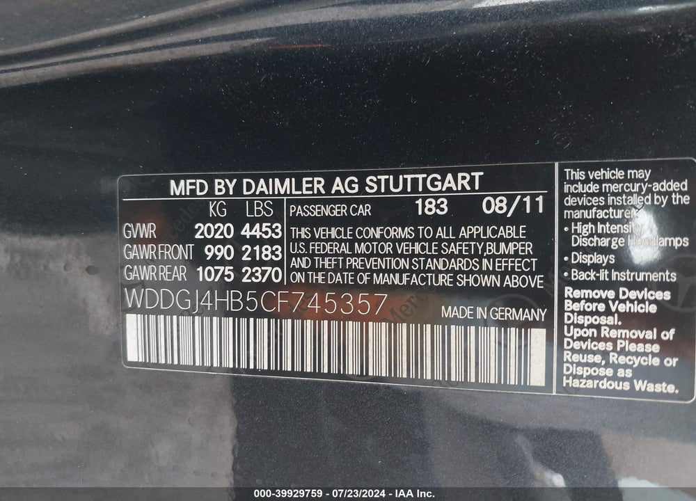 2012 MERCEDES-BENZ C 250 VIN: WDDGJ4HB5CF745357