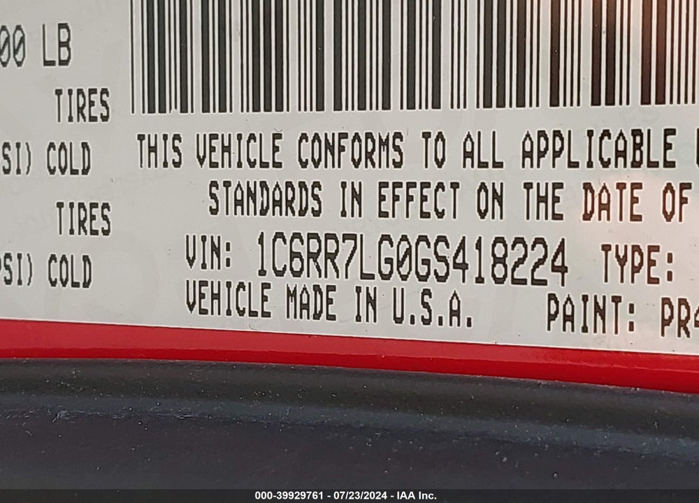 2016 RAM 1500 BIG HORN VIN: 1C6RR7LG0GS418224