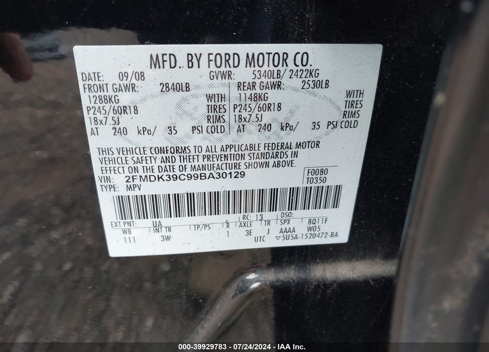 2009 FORD EDGE LIMITED VIN: 2FMDK39C99BA30129