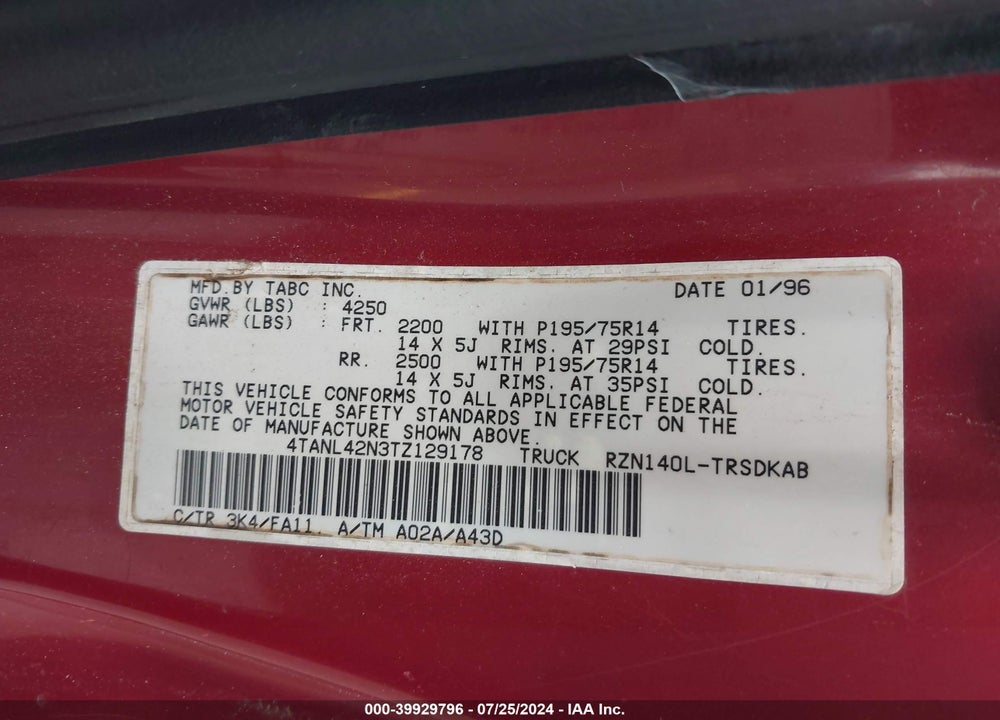 1996 TOYOTA TACOMA VIN: 4TANL42N3TZ129178