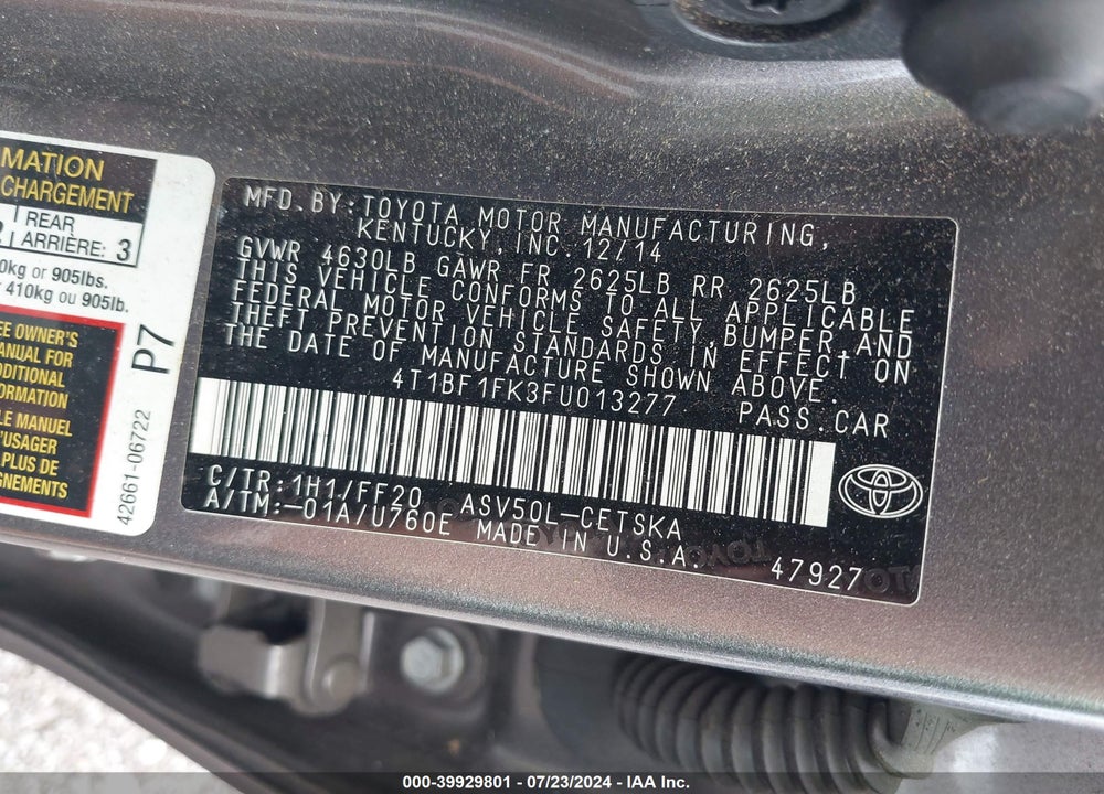 2015 TOYOTA CAMRY VIN: 4T1BF1FK3FU013277