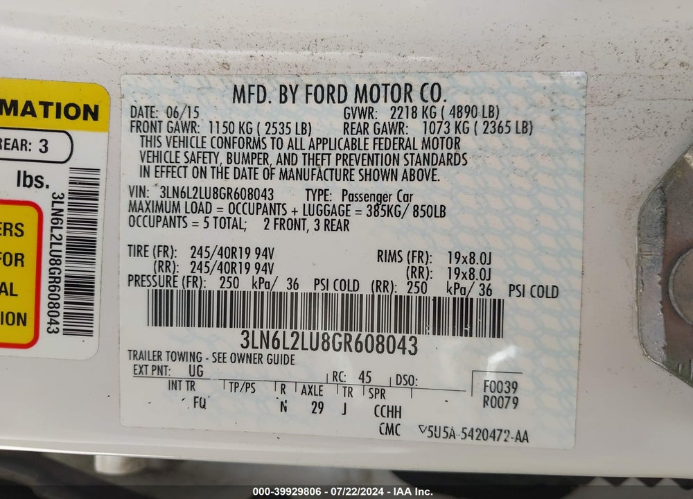 2016 LINCOLN MKZ HYBRID VIN: 3LN6L2LU8GR608043