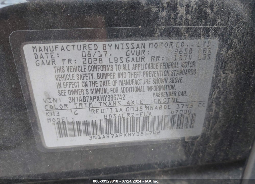 2017 NISSAN SENTRA SR VIN: 3N1AB7APXHY386742