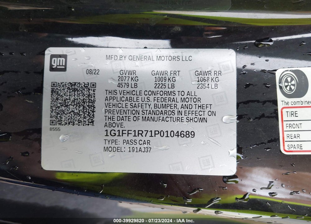 2023 CHEVROLET CAMARO RWD 1SS VIN: 1G1FF1R71P0104689