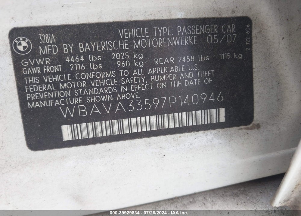 2007 BMW 328I VIN: WBAVA33597P140946