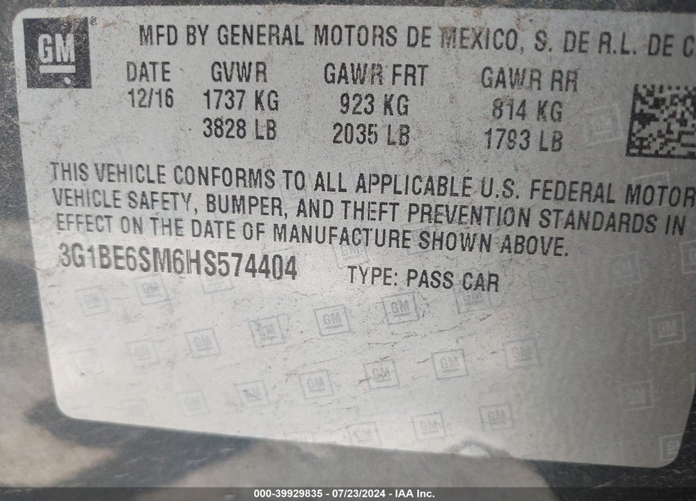 2017 CHEVROLET CRUZE LT AUTO VIN: 3G1BE6SM6HS574404
