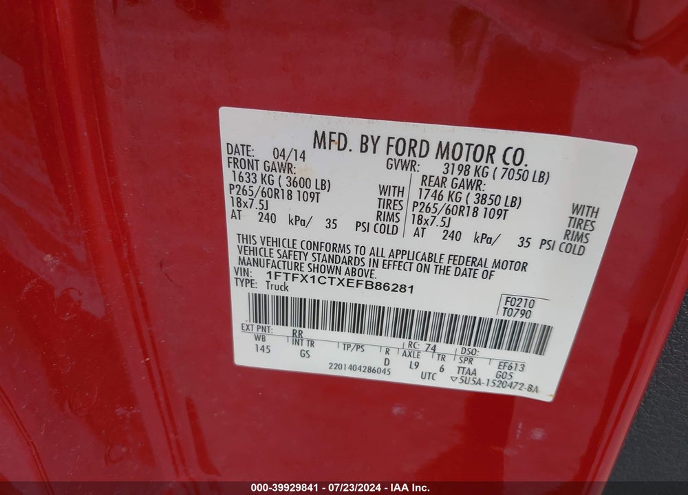 2014 FORD F-150 XLT VIN: 1FTFX1CTXEFB86281