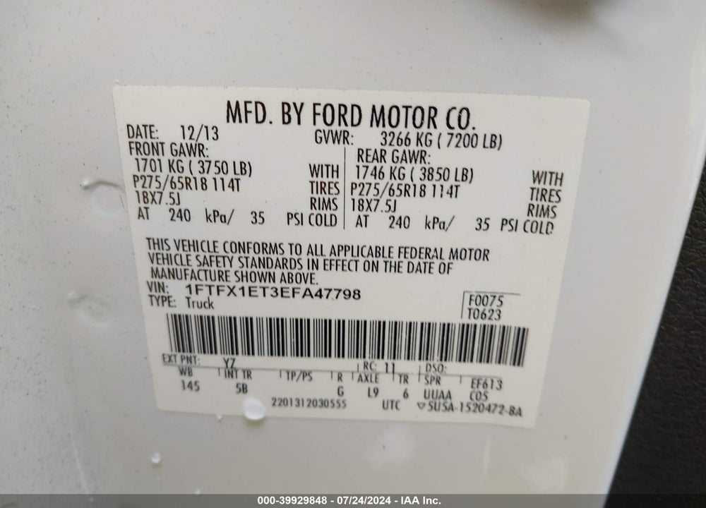 2014 FORD F-150 FX4 VIN: 1FTFX1ET3EFA47798