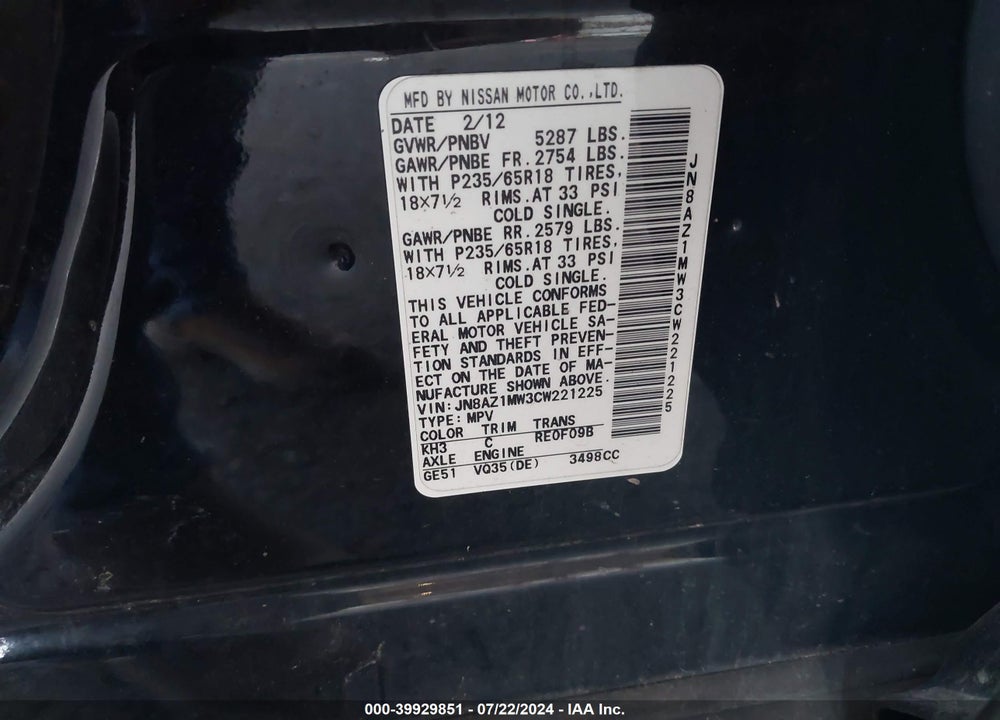 2012 NISSAN MURANO SL VIN: JN8AZ1MW3CW221225