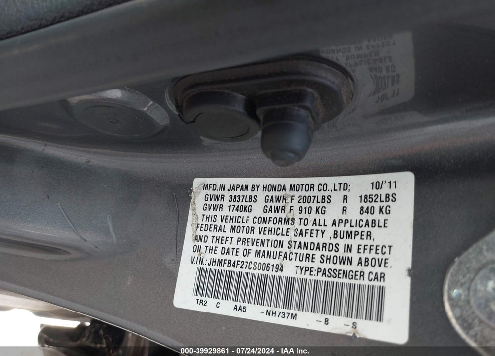 2012 HONDA CIVIC HYBRID VIN: JHMFB4F27CS006194
