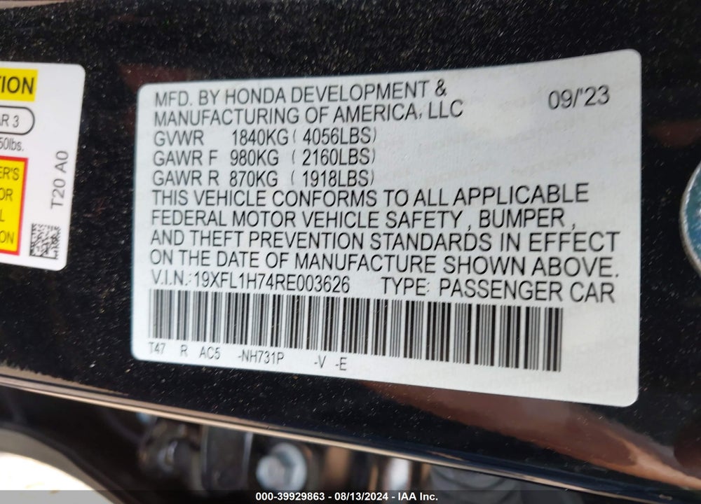 2024 HONDA CIVIC EX-L VIN: 19XFL1H74RE003626