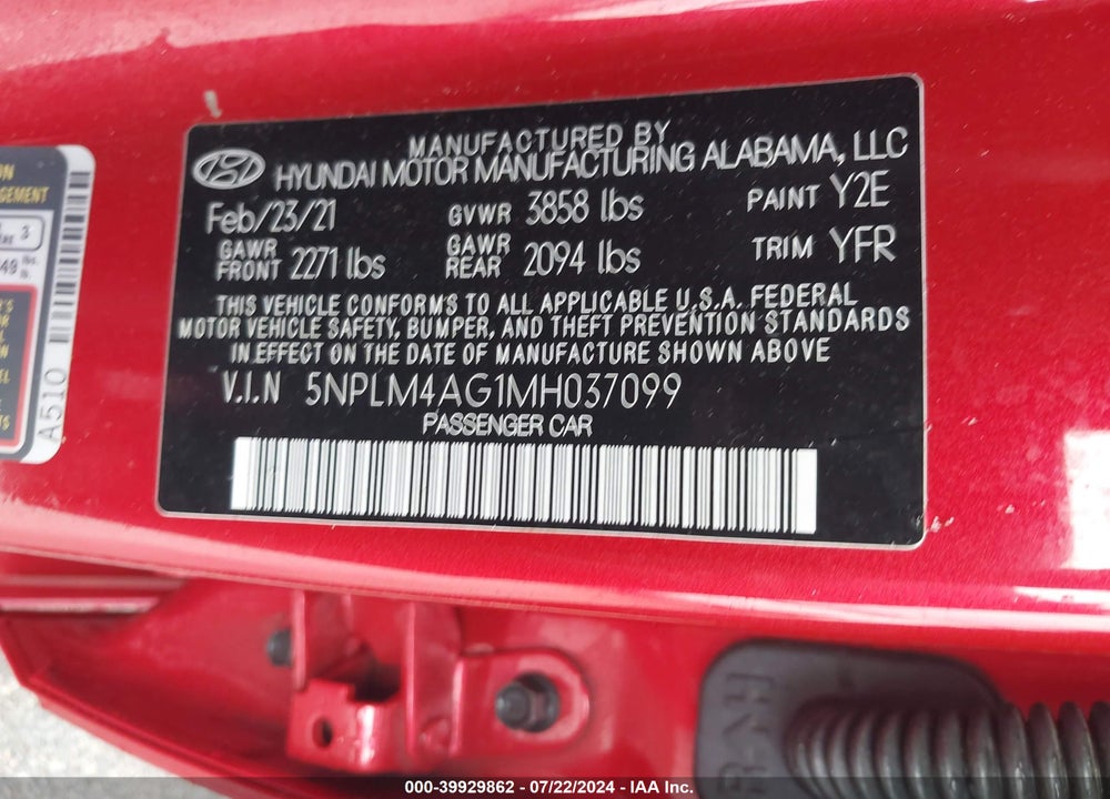 2021 HYUNDAI ELANTRA SEL VIN: 5NPLM4AG1MH037099