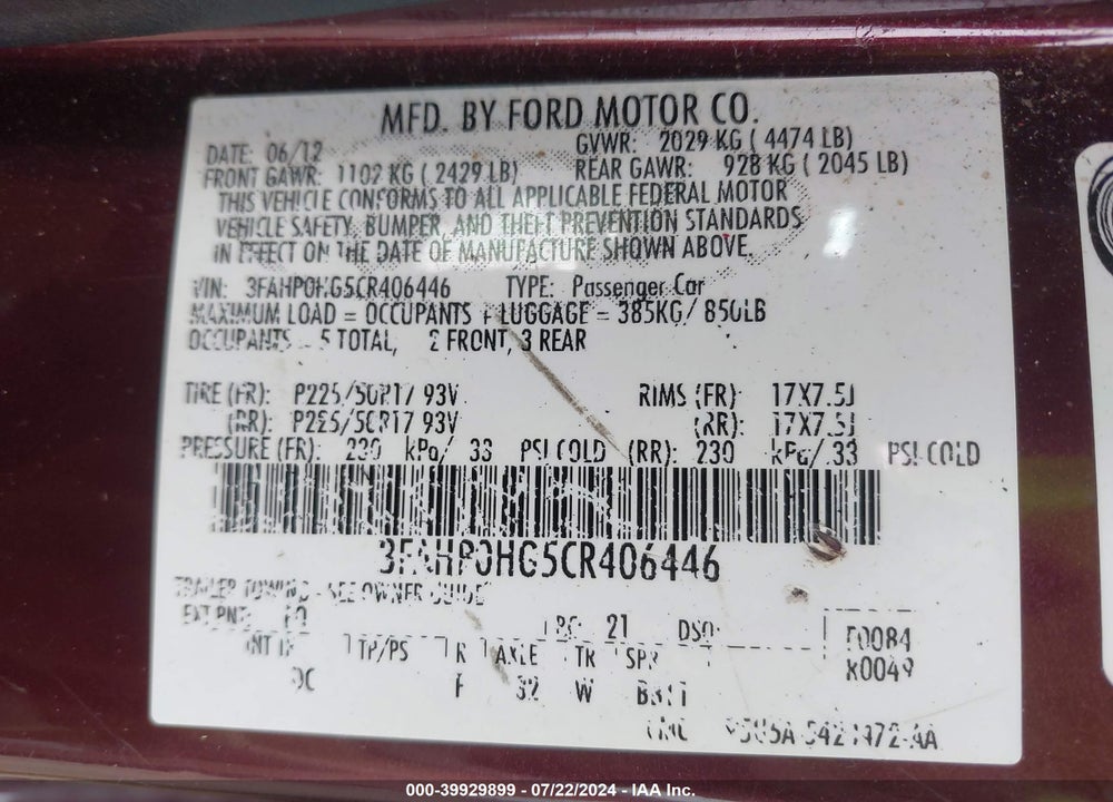 2012 FORD FUSION SE VIN: 3FAHP0HG5CR406446