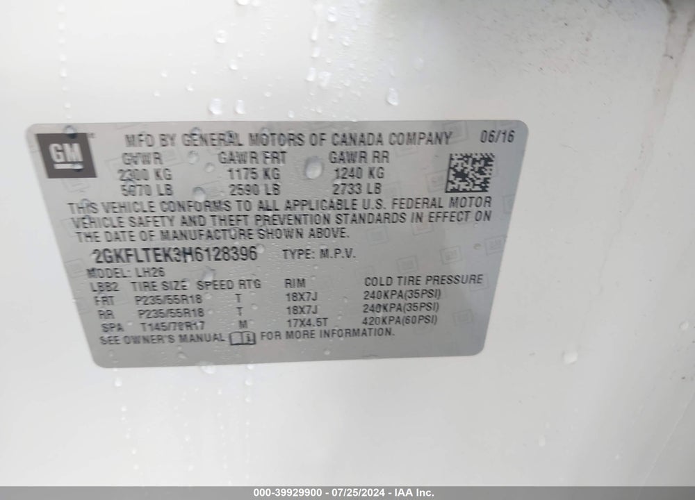 2017 GMC TERRAIN SLE-2 VIN: 2GKFLTEK3H6128396