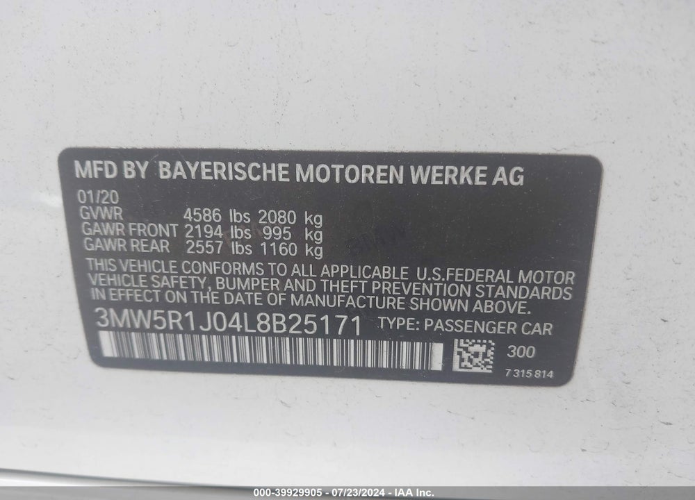 2020 BMW 330I VIN: 3MW5R1J04L8B25171
