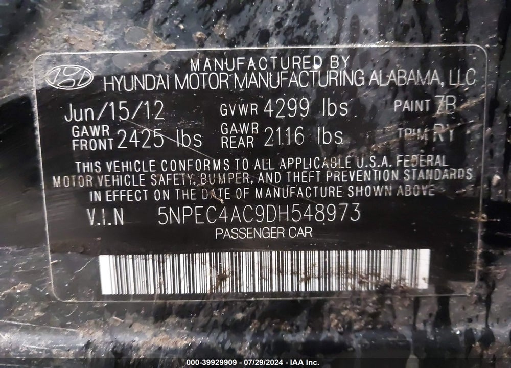 2013 HYUNDAI SONATA LIMITED VIN: 5NPEC4AC9DH548973