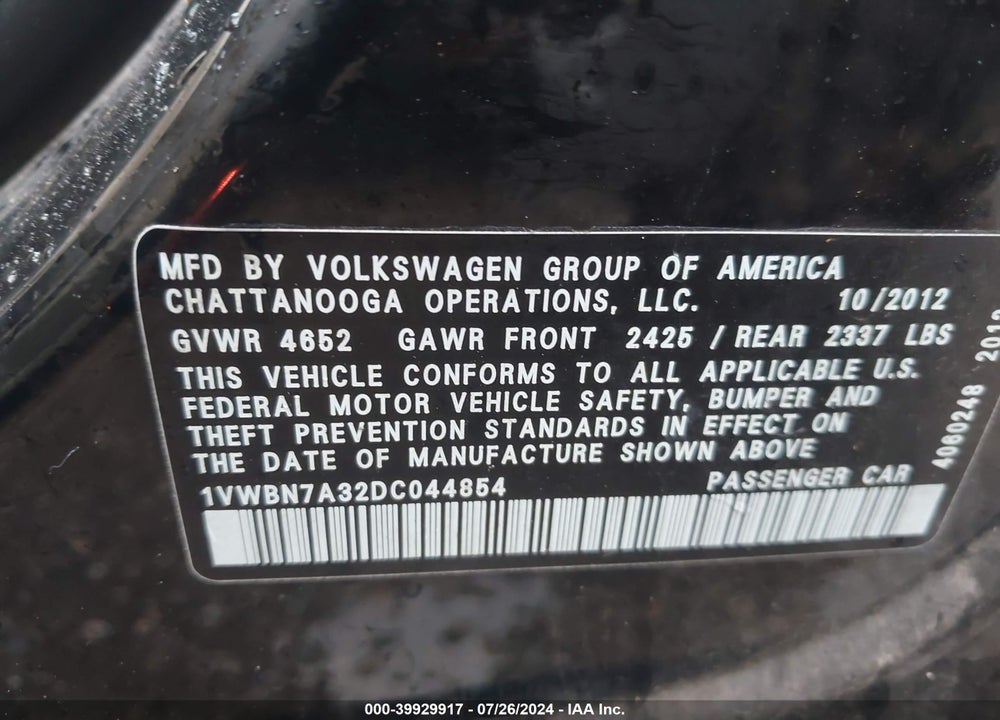 2013 VOLKSWAGEN PASSAT 2.0L TDI SE VIN: 1VWBN7A32DC044854