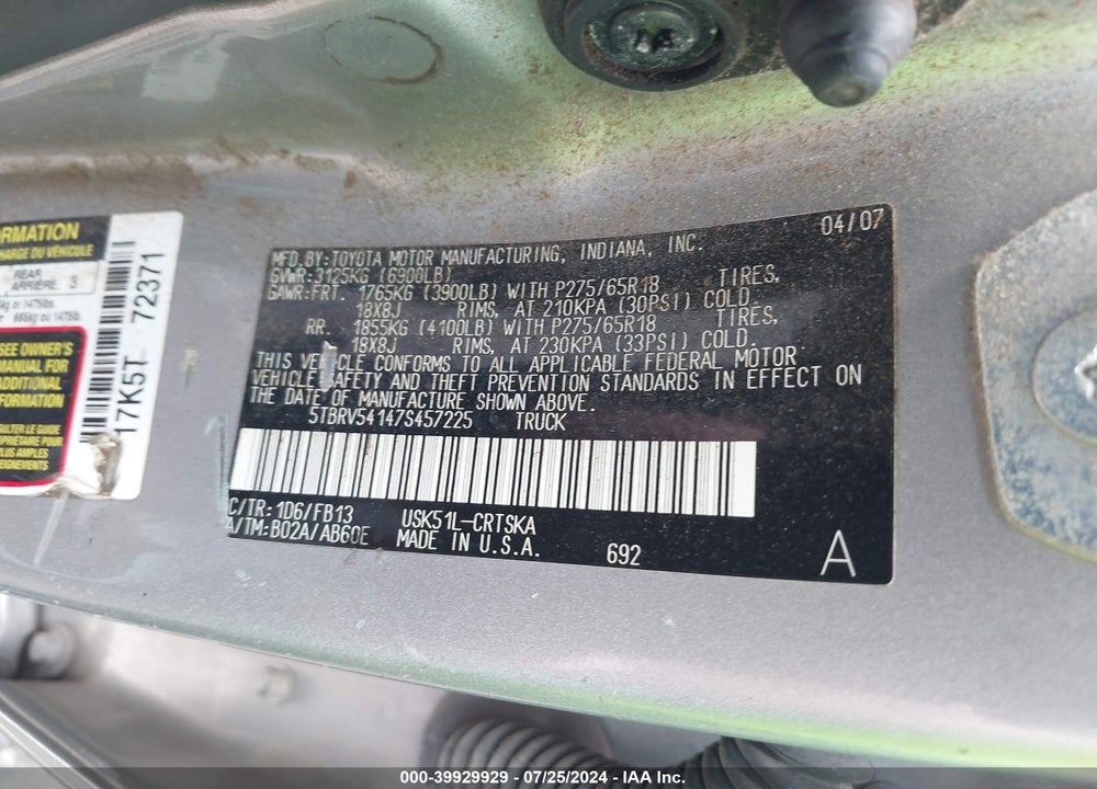 2007 TOYOTA TUNDRA SR5 V8 VIN: 5TBRV54147S457225