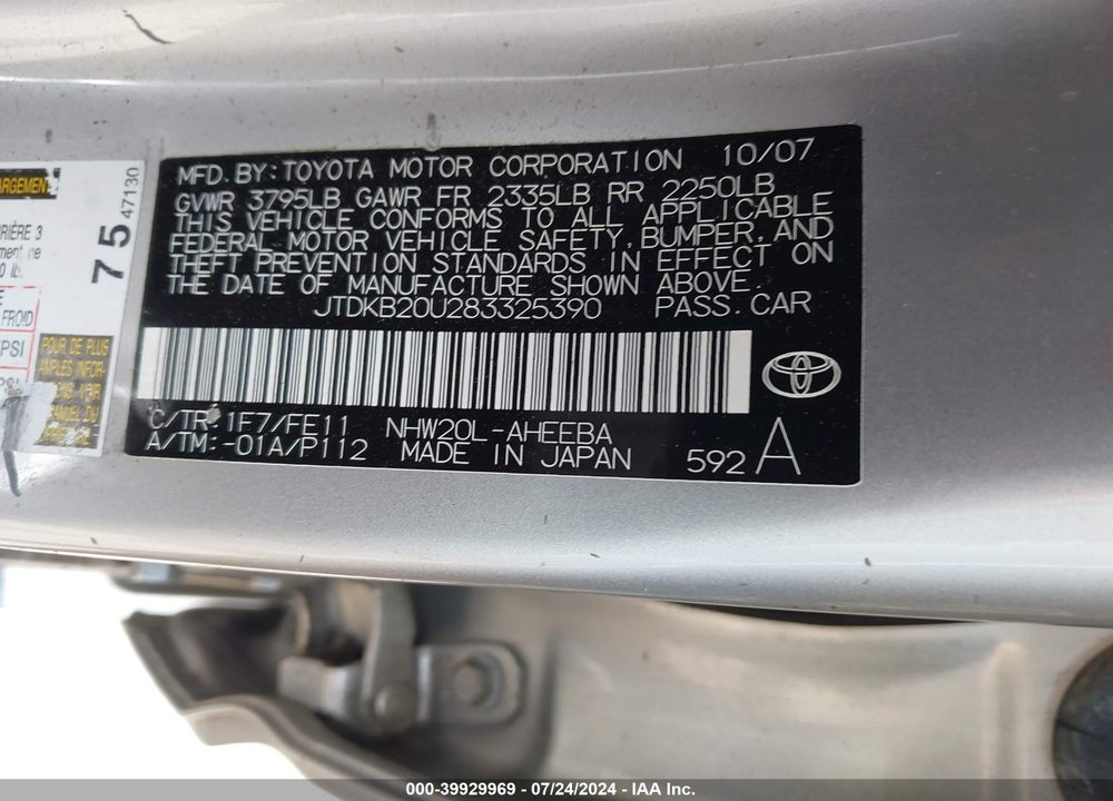 2008 TOYOTA PRIUS VIN: JTDKB20U283325390
