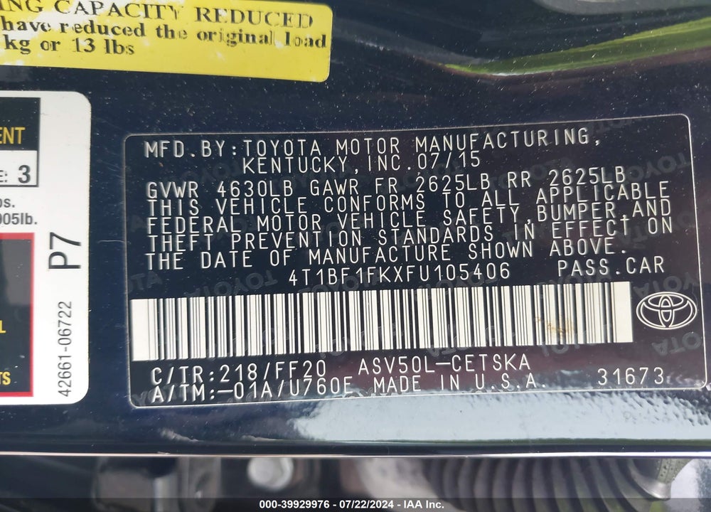 2015 TOYOTA CAMRY SE VIN: 4T1BF1FKXFU105406