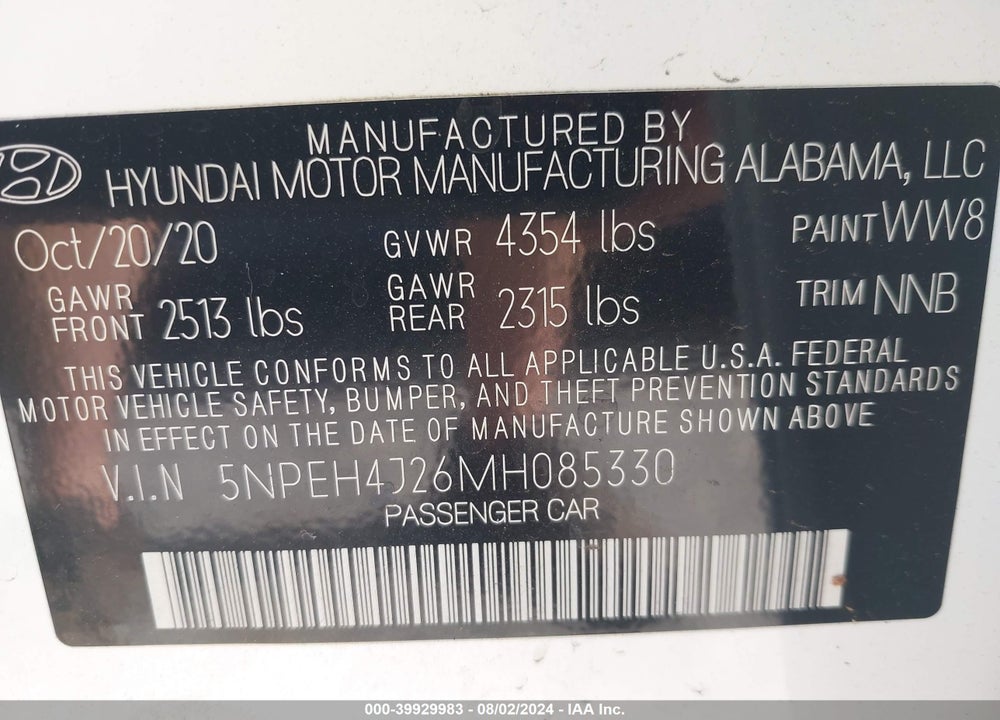 2021 HYUNDAI SONATA LIMITED VIN: 5NPEH4J26MH085330