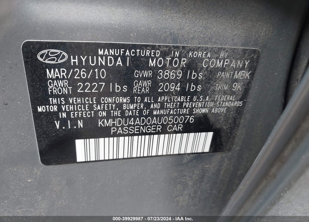2010 HYUNDAI ELANTRA GLS VIN: KMHDU4AD0AU050076