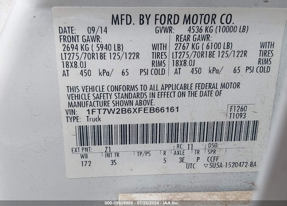 2015 FORD F-250 XLT VIN: 1FT7W2B6XFEB66161