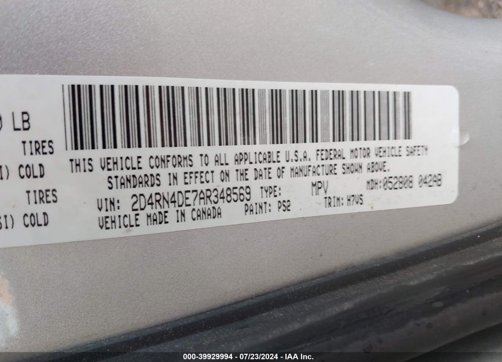 2010 DODGE GRAND CARAVAN SE VIN: 2D4RN4DE7AR348569