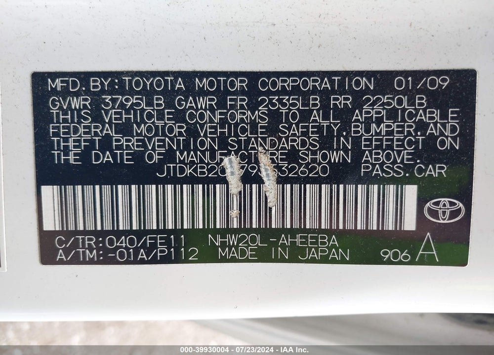 2009 TOYOTA PRIUS VIN: JTDKB20U793532620