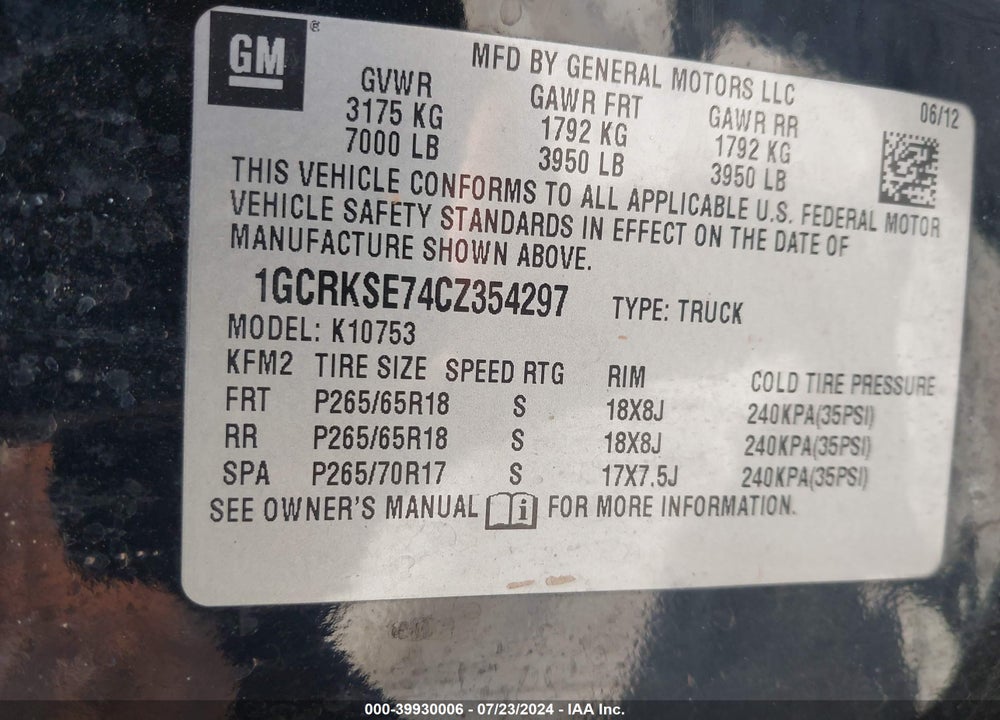 2012 CHEVROLET SILVERADO 1500 LT VIN: 1GCRKSE74CZ354297
