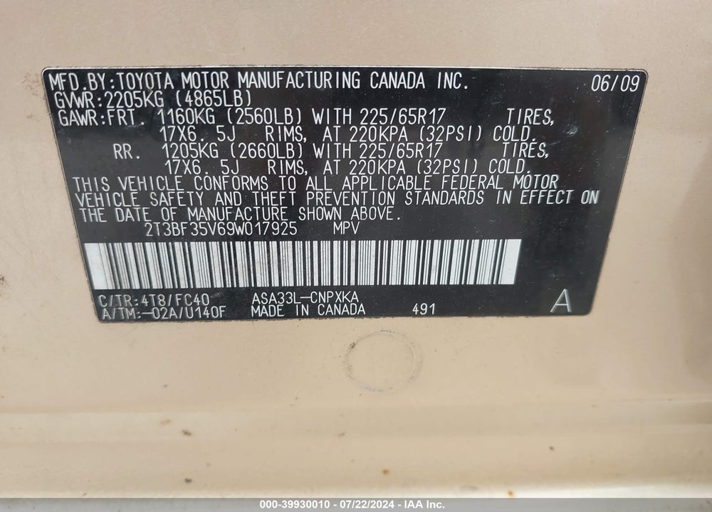 2009 TOYOTA RAV4 VIN: 2T3BF35V69W017925