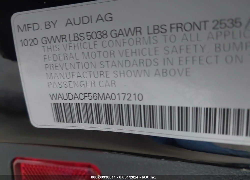 2021 AUDI A5 SPORTBACK PREMIUM 45 TFSI QUATTRO S TRONIC VIN: WAUDACF56MA017210
