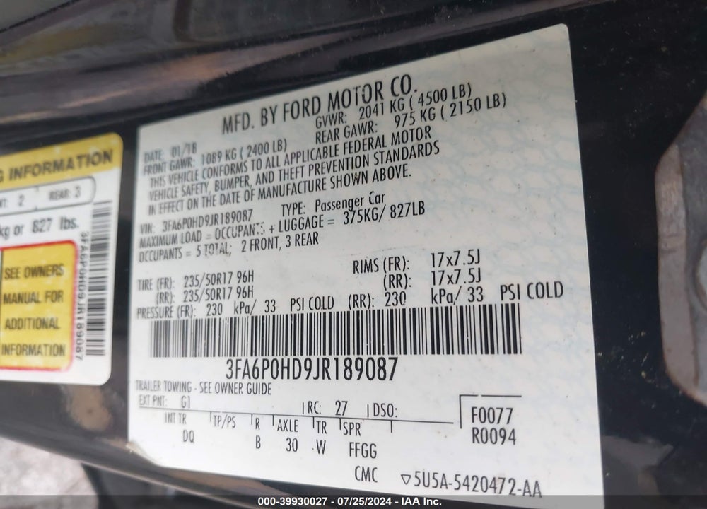 2018 FORD FUSION SE VIN: 3FA6P0HD9JR189087