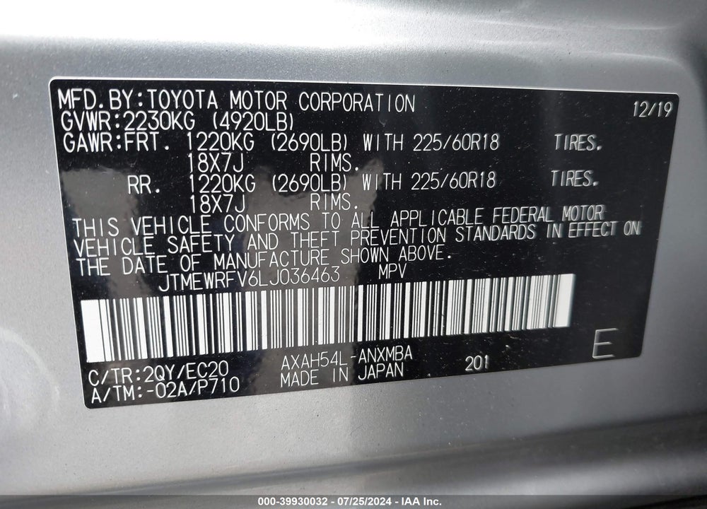 2020 TOYOTA RAV4 HYBRID XSE VIN: JTMEWRFV6LJ036463