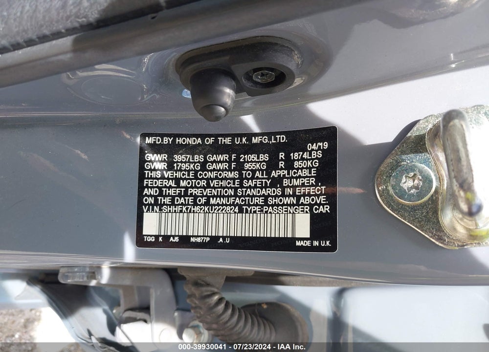 2019 HONDA CIVIC EX VIN: SHHFK7H62KU222824