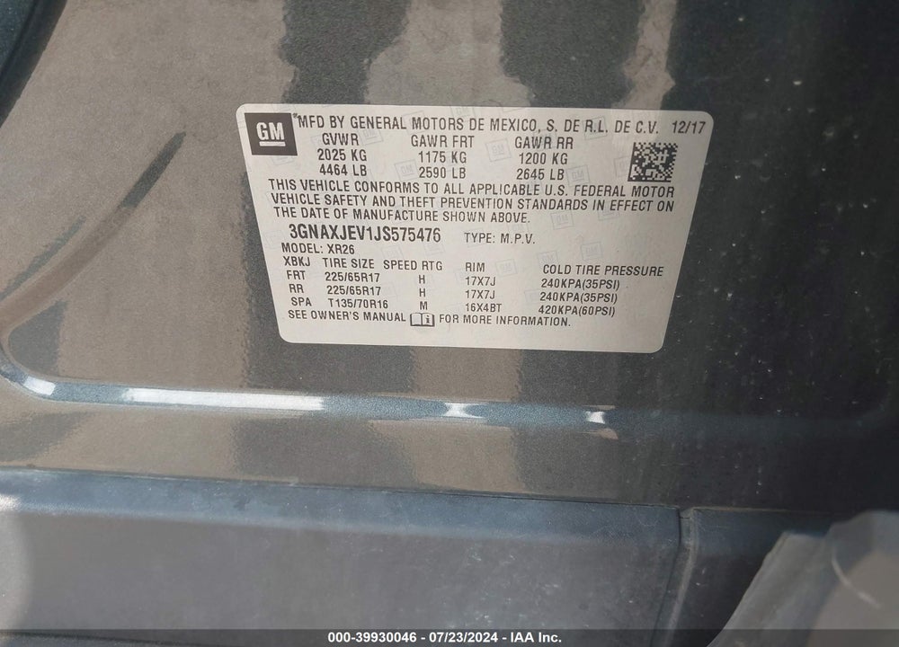 2018 CHEVROLET EQUINOX LT VIN: 3GNAXJEV1JS575476