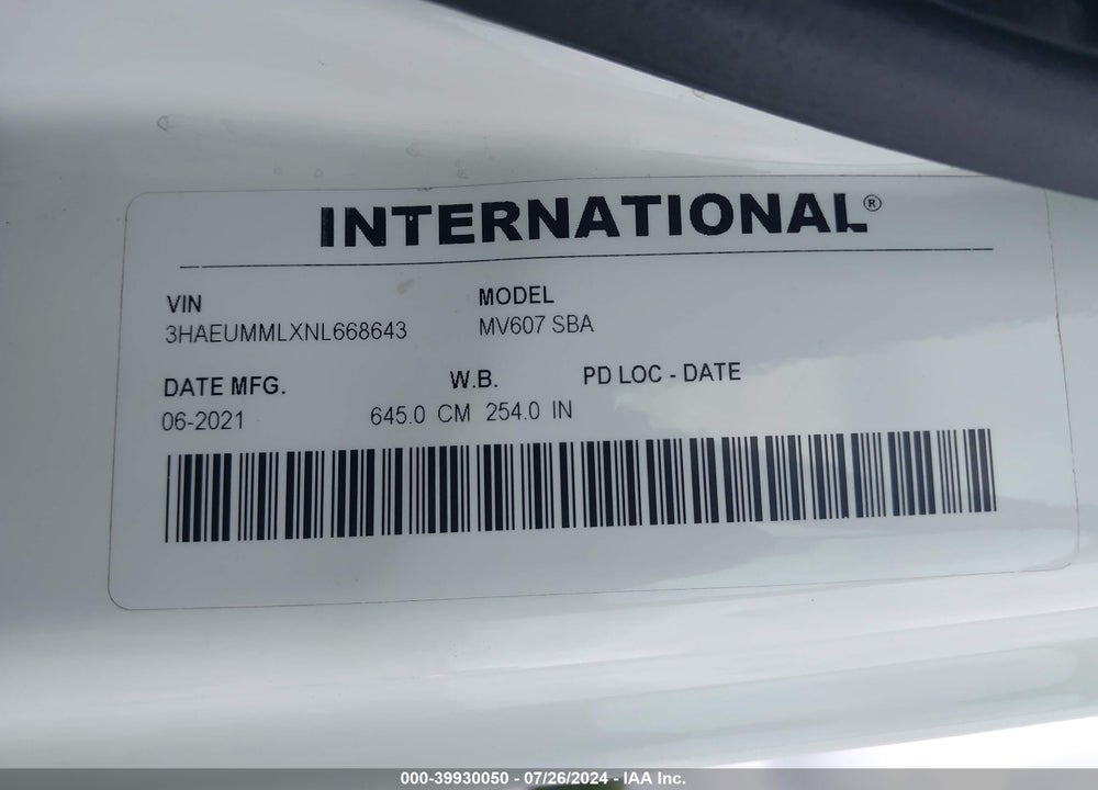 2022 INTERNATIONAL MV VIN: 3HAEUMMLXNL668643