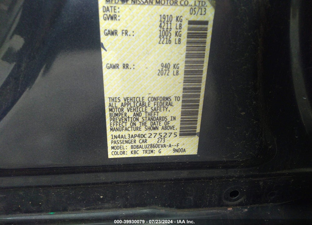 2013 NISSAN ALTIMA 2.5 SV VIN: 1N4AL3AP4DC275275