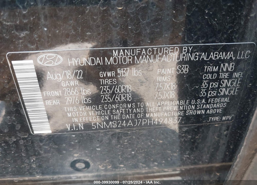 2023 HYUNDAI SANTA FE SEL VIN: 5NMS24AJ7PH494837