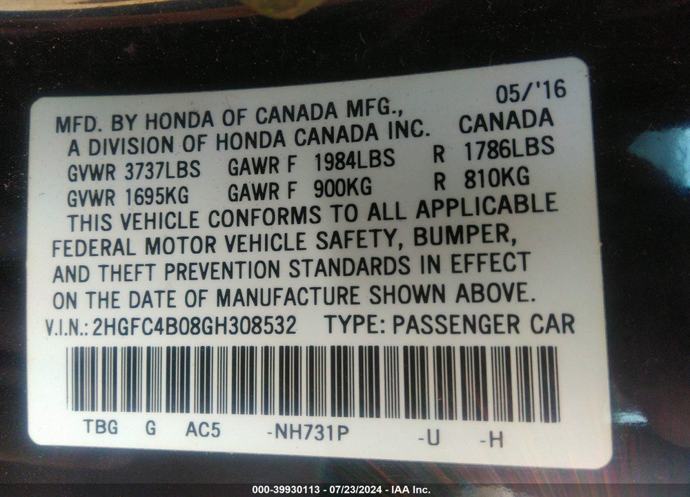 2016 HONDA CIVIC LX-P VIN: 2HGFC4B08GH308532