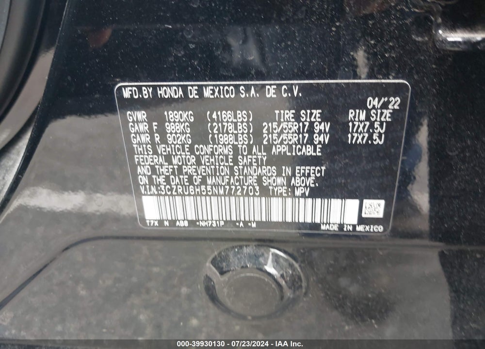2022 HONDA HR-V AWD EX VIN: 3CZRU6H55NM772703