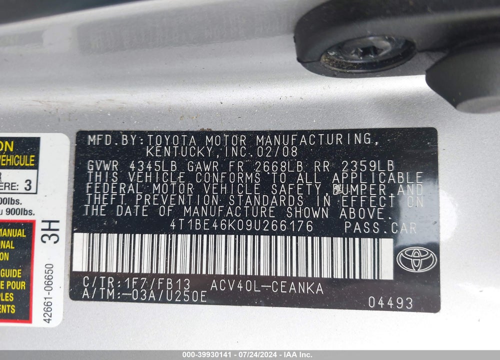 2009 TOYOTA CAMRY LE VIN: 4T1BE46K09U266176