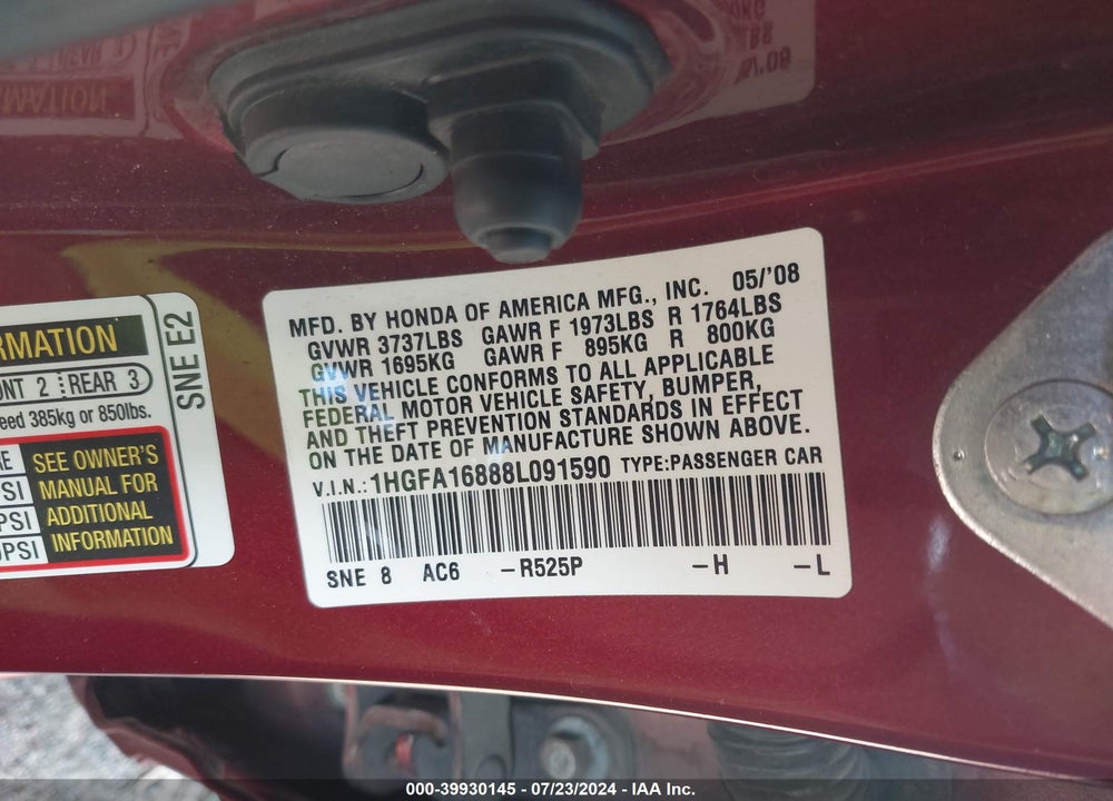 2008 HONDA CIVIC EX VIN: 1HGFA16888L091590