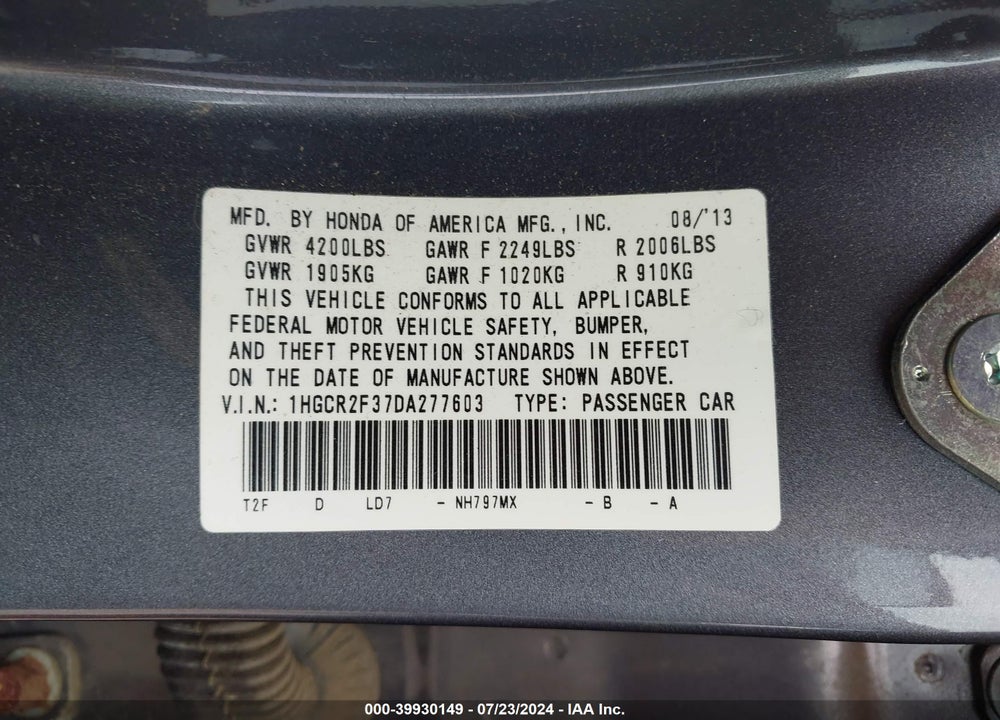 2013 HONDA ACCORD LX VIN: 1HGCR2F37DA277603