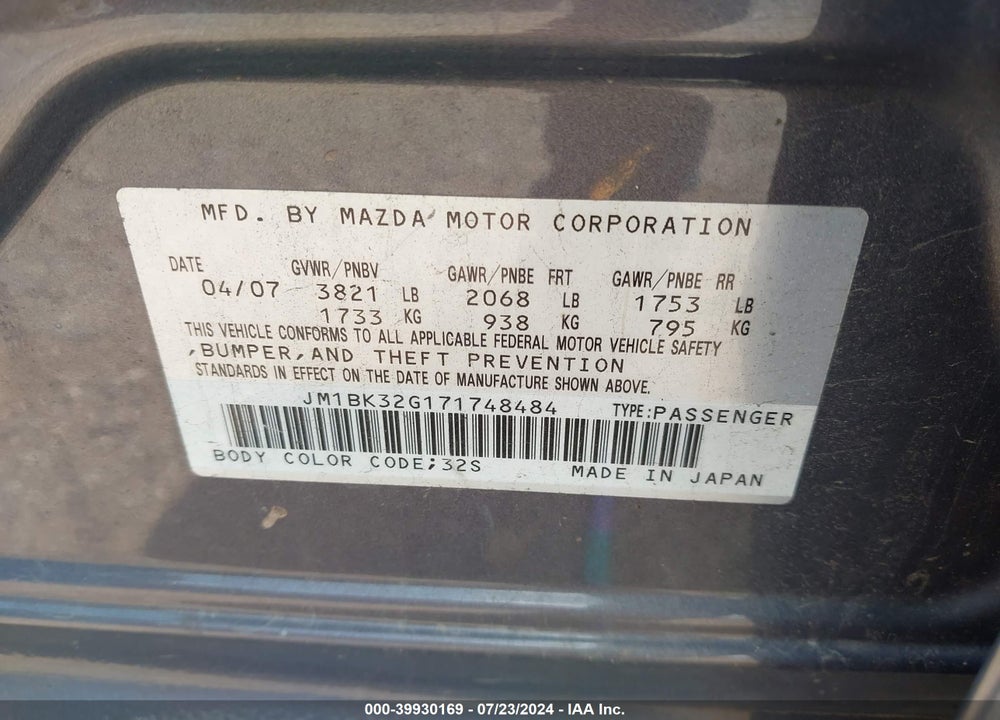 2007 MAZDA 3 I VIN: JM1BK32G171748484